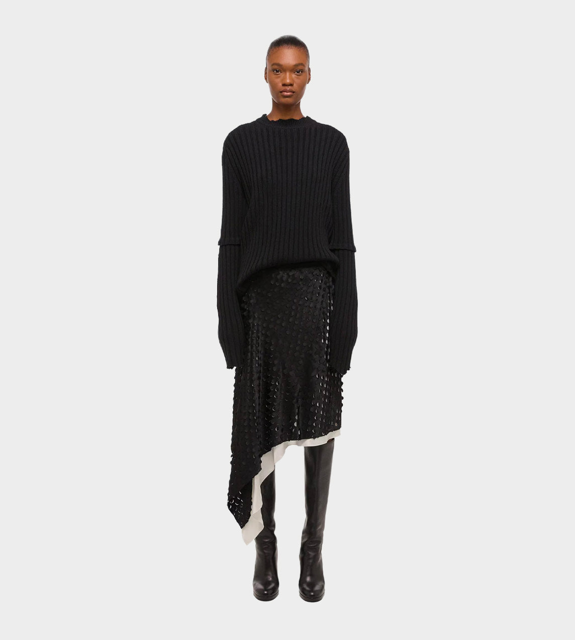 Hole-Punched Scarf Hem Skirt Black