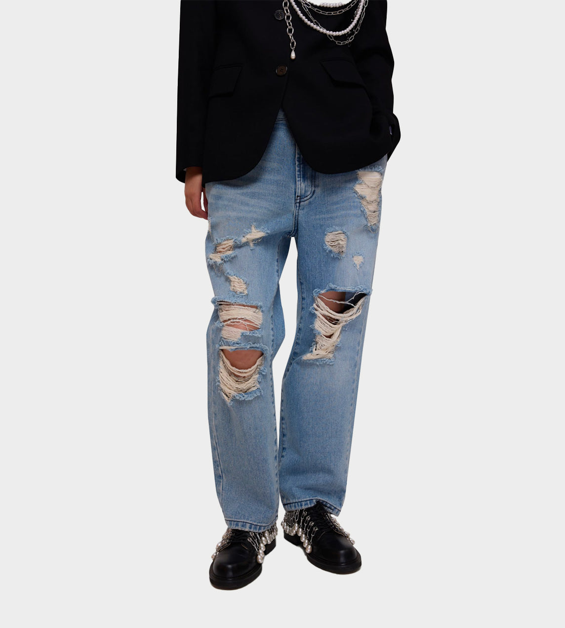 Chain Embellishment Destroyed Jeans