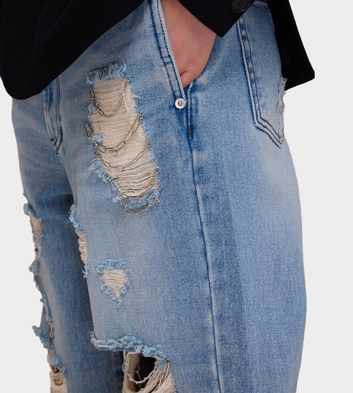 Chain Embellishment Destroyed Jeans