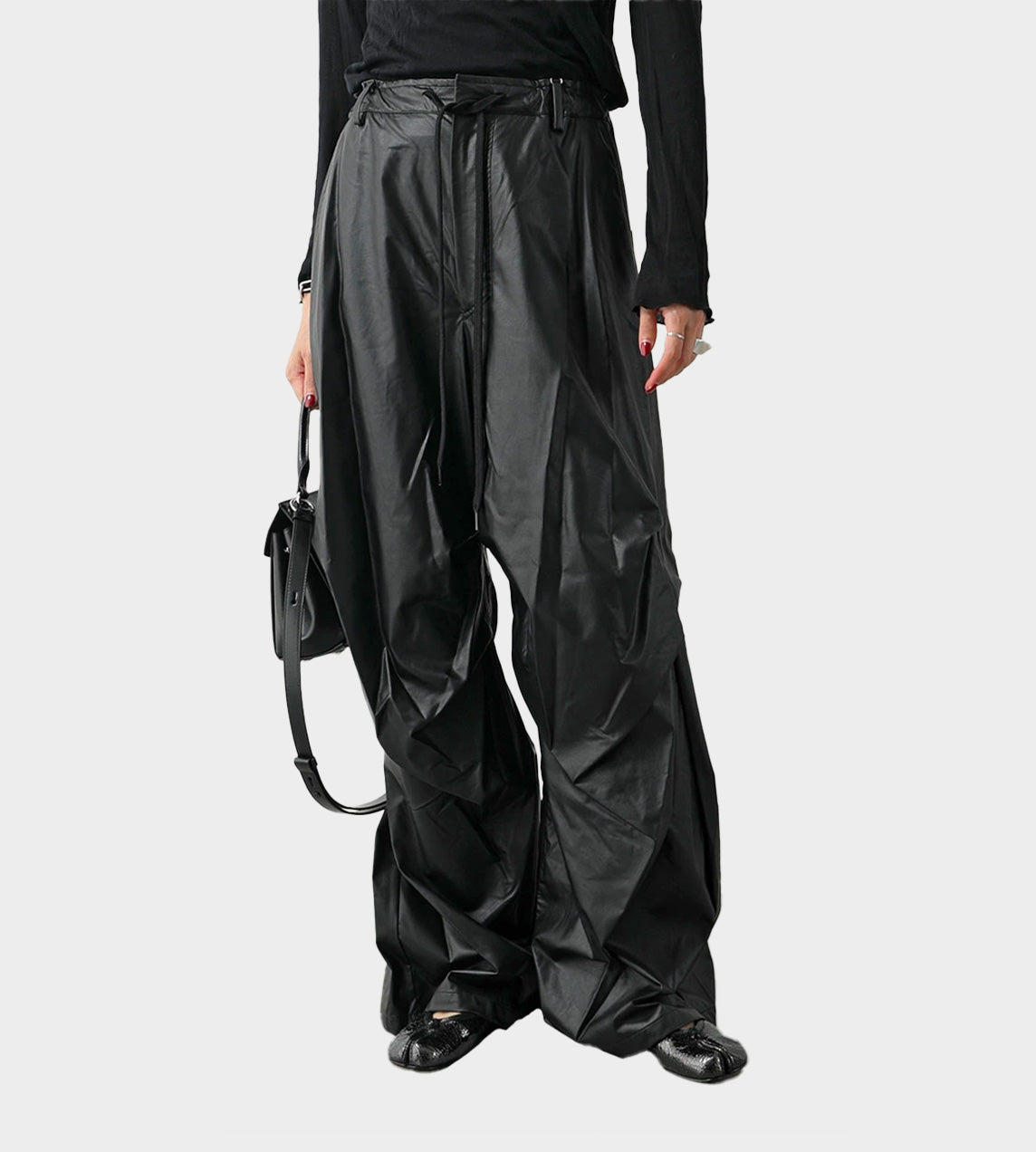 Draped Faux Leather Pants Blk