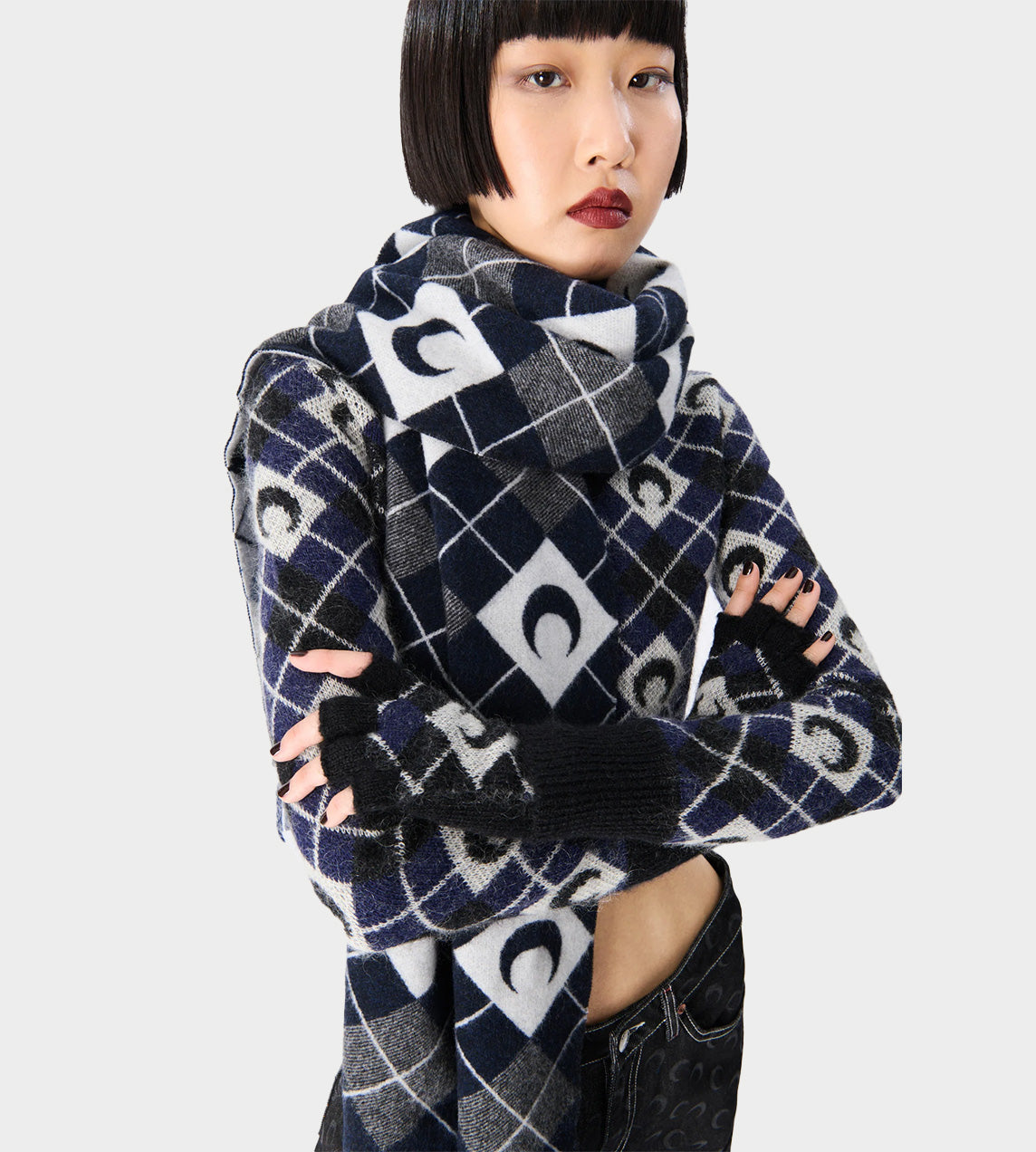 Marine Serre - Moon Argyle Knit Scarf Blk