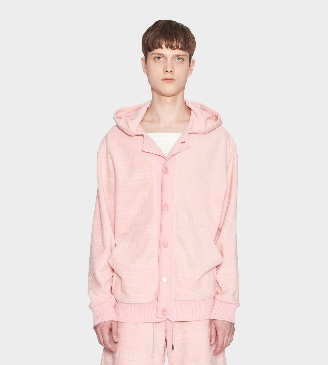 System - Embossed Terry Button Front Hoodie Pink