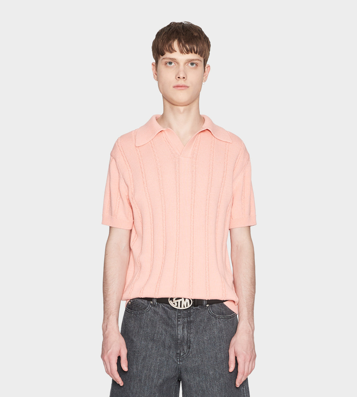 System - Cable Knit Polo Pink